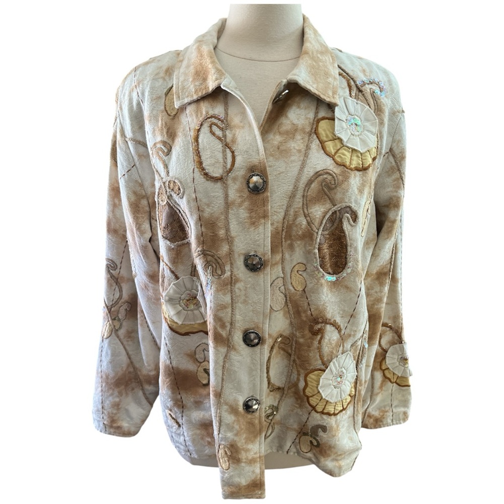 Indigo Moon Cream & Brown Tie Dye Floral Vintage Bohemian Jacket Paisley Pattern